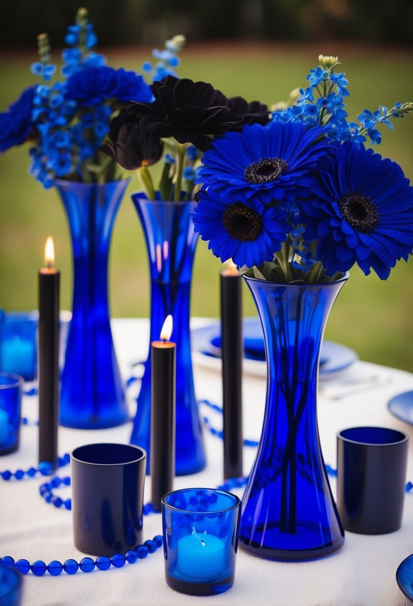 Cobalt blue vases filled with black and blue flowers, surrounded by black candles and blue glass beads on a white tablecloth