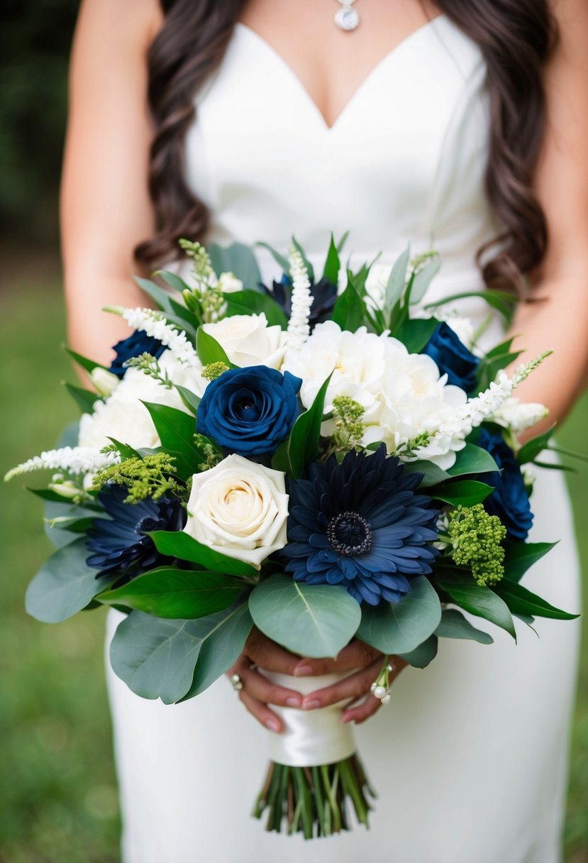 A hunter green and navy blue wedding bouquet with white and ivory accents