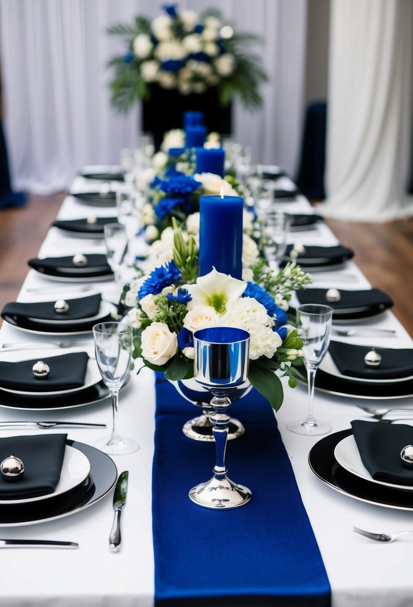 Black and silver table settings with cobalt blue accents. Elegant floral centerpieces and sleek silver candle holders