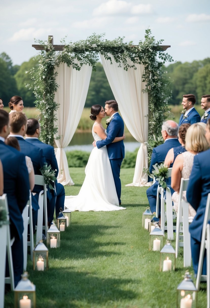 A serene outdoor wedding ceremony with sage green foliage, navy blue accents, and soft neutral tones creating a romantic atmosphere