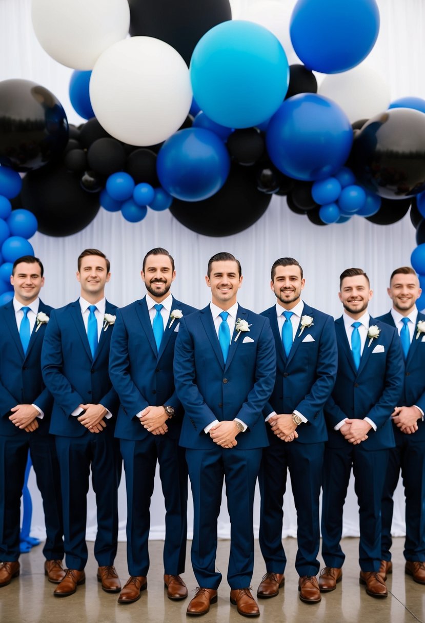 A group of groomsmen stand in a row, each wearing a cobalt blue tie against a backdrop of black and cobalt blue wedding decor