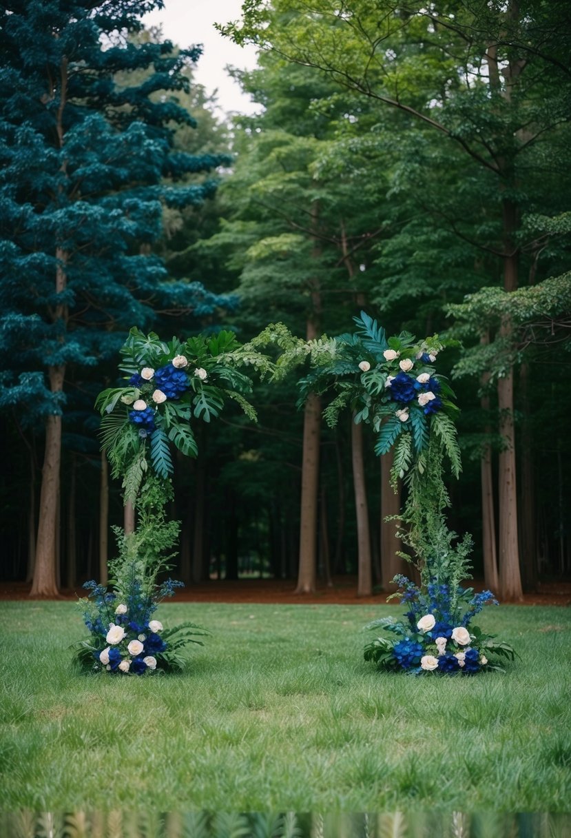 A lush forest clearing with deep blue and emerald foliage, accented by hunter green and navy blue flowers and decorations