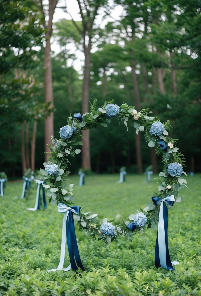 A lush forest clearing with navy and hunter green foliage, accented by dusty blue flowers and ribbons