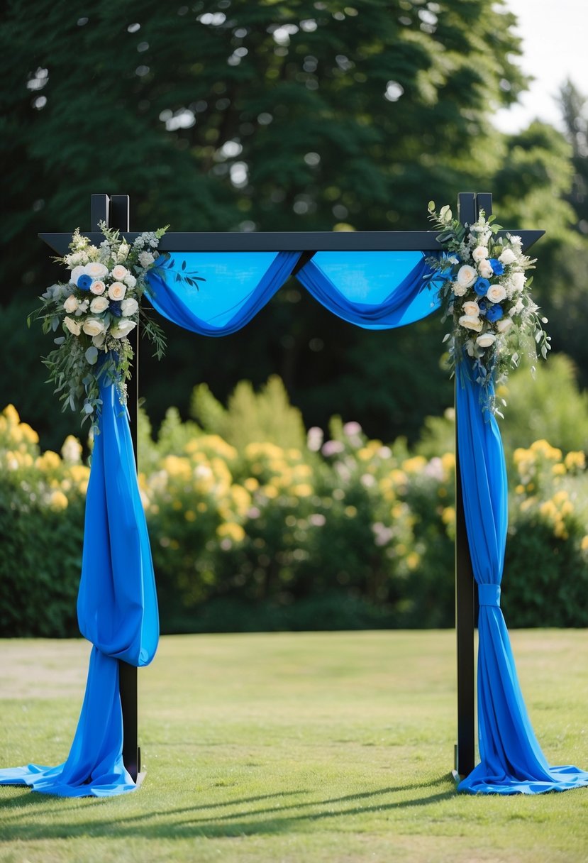 A cobalt blue and black wedding arch stands adorned with flowers and draped fabric, set against a backdrop of lush greenery