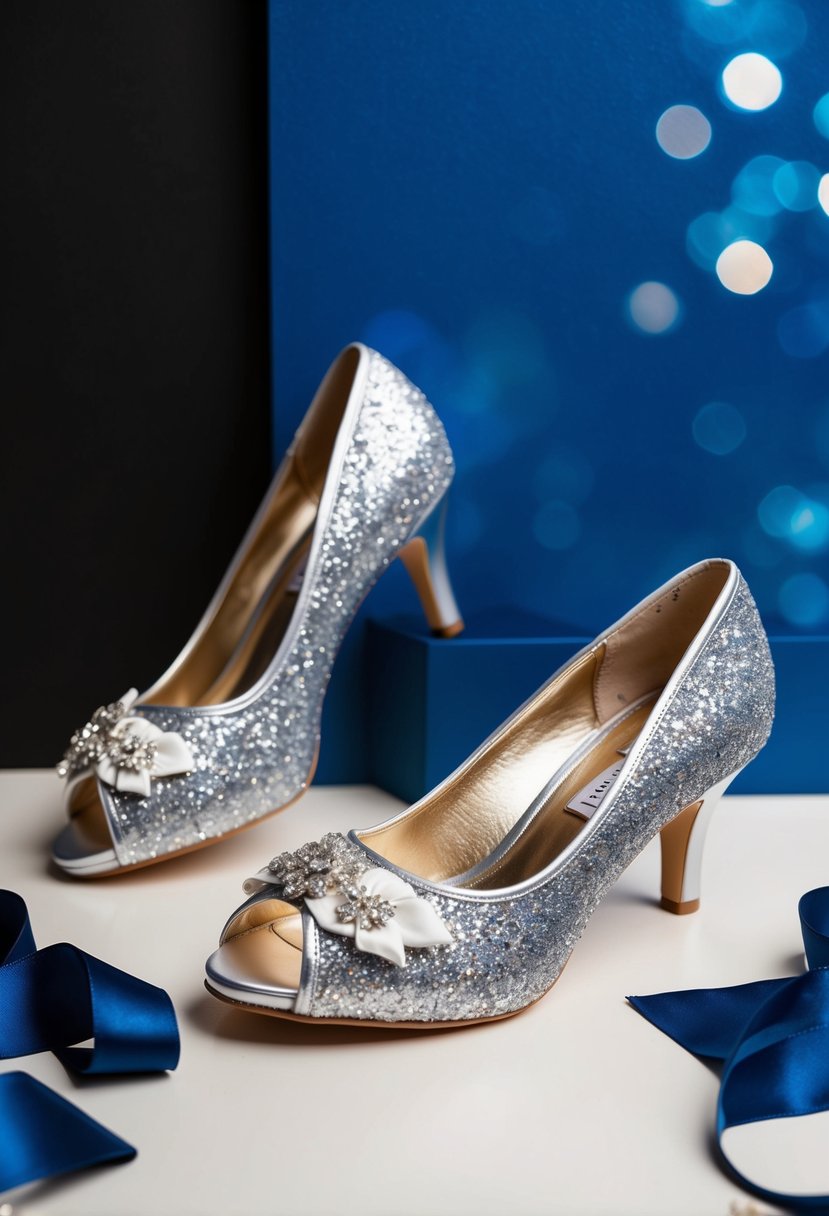 A pair of silver glitter wedding shoes set against a cobalt blue and black background, with elegant accents and details