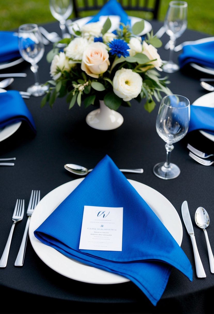 Cobalt blue wedding napkins arranged on a black tablecloth with matching tableware and floral centerpieces