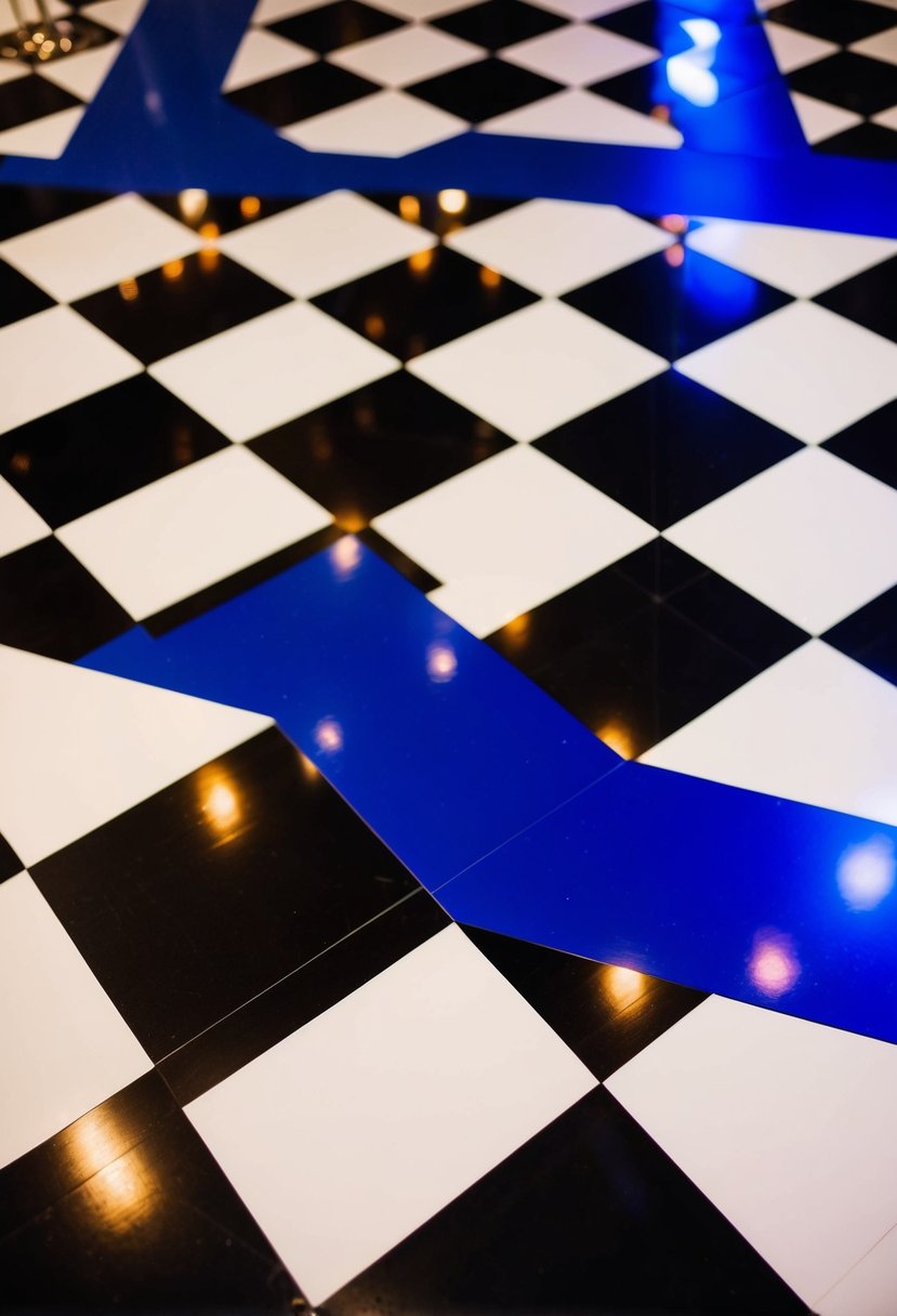 A black and white checkered dance floor with cobalt blue accents