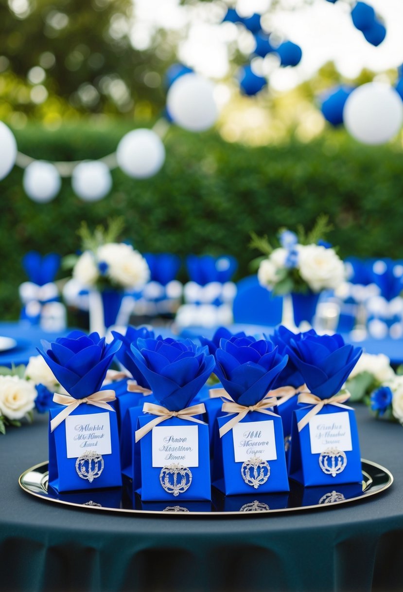 Cobalt blue wedding favors arranged on a black table with matching decor and flowers