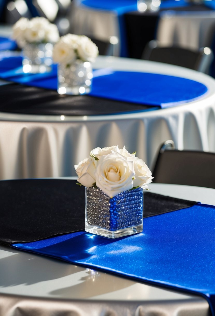 Cobalt blue and black table runners shimmering on a silver table, creating a modern and elegant wedding color scheme