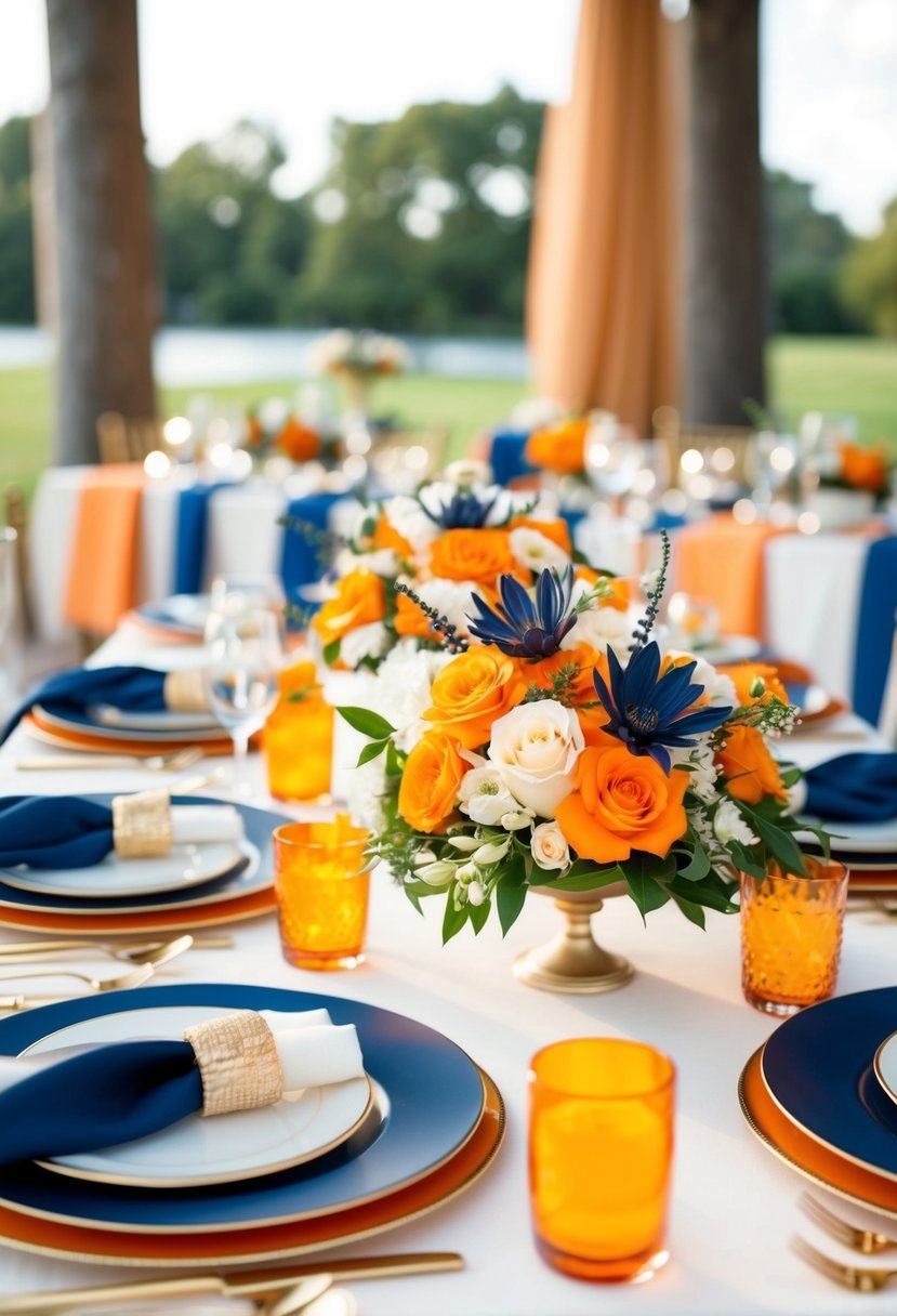 An elegant wedding table setting with orange and navy accents, including flowers, linens, and decorative elements