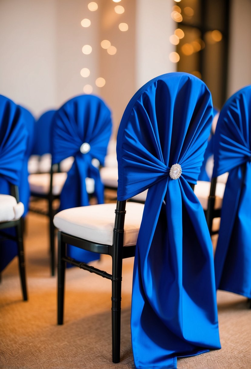 Cobalt blue wedding chair covers contrast against black chairs in a modern, elegant setting