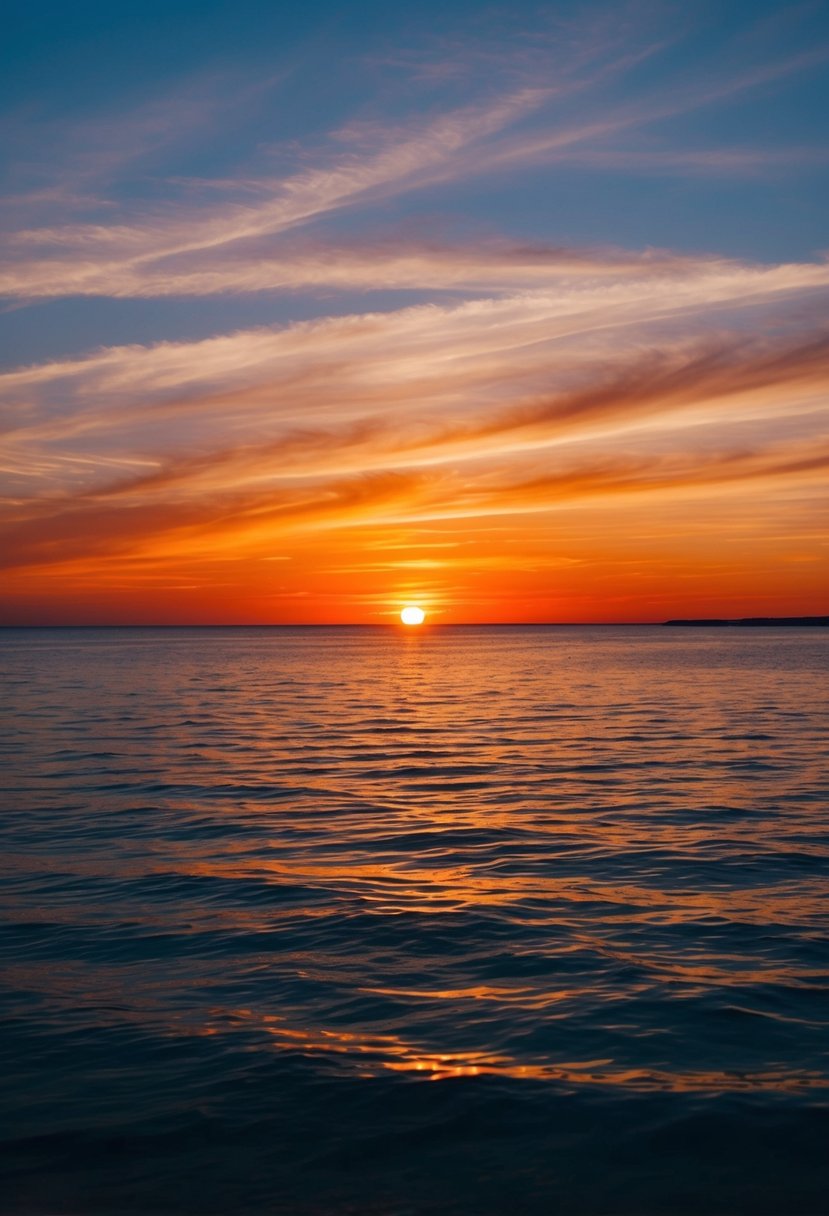 A navy blue and vibrant burnt orange sunset over a calm ocean