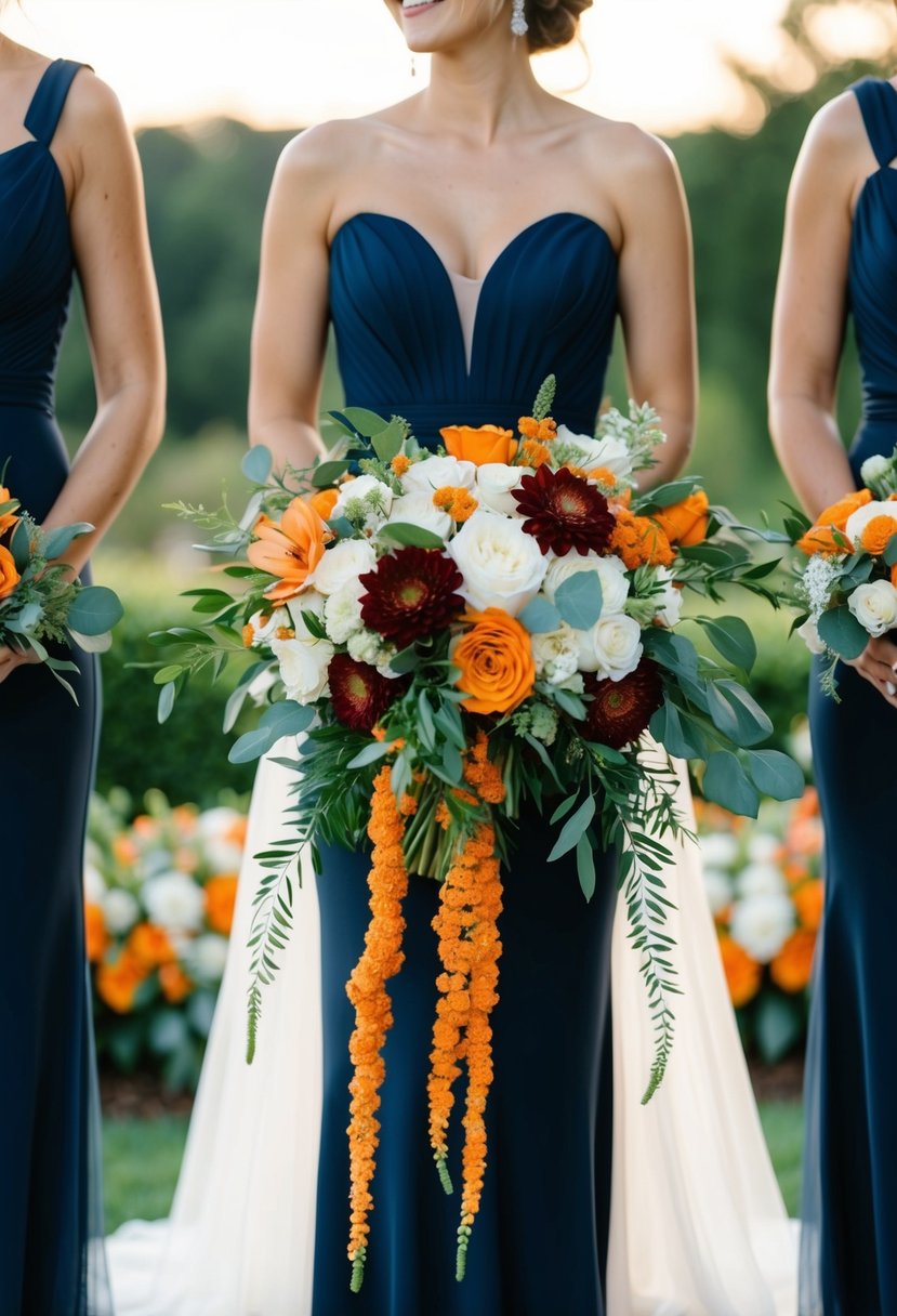 Navy gowns and orange florals in a wedding setting