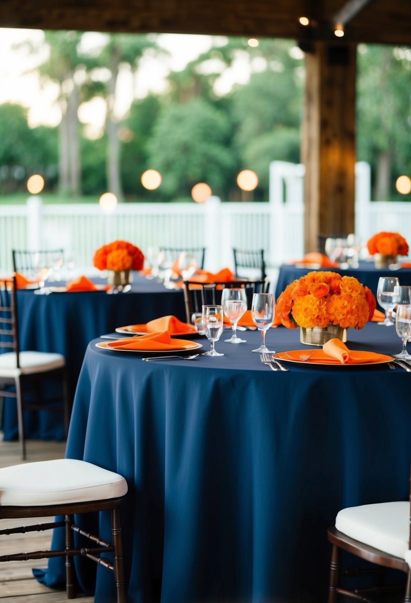 Navy tablecloths with vibrant orange centerpieces