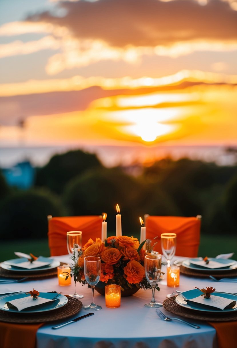 A vibrant sunset casting warm orange tones over a wedding table set with orange floral arrangements and glowing candles