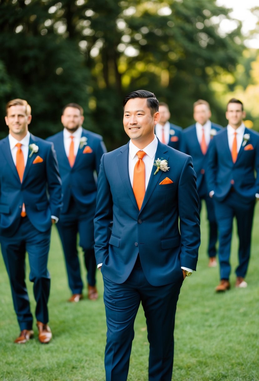 Navy-suited groomsmen wear burnt orange ties and pocket squares