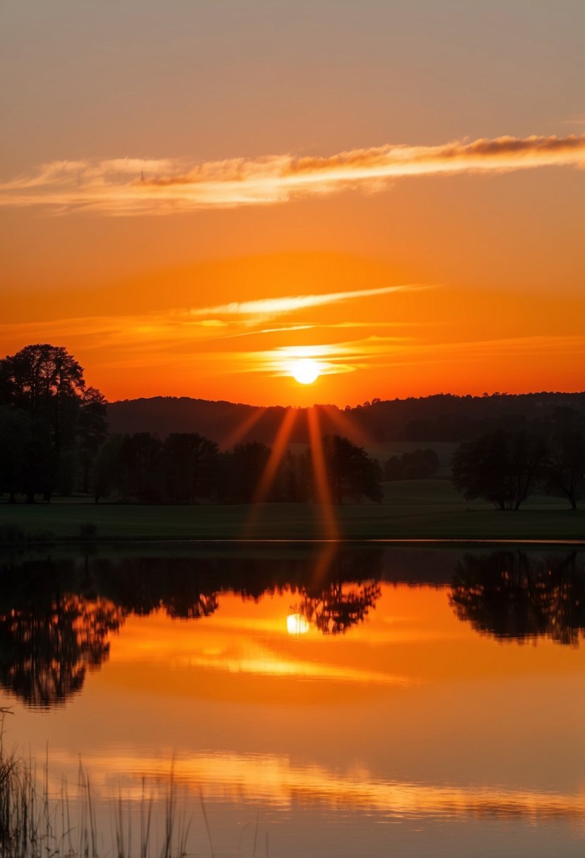 A vibrant tangerine sunset over a tranquil lake, reflecting the warm orange hues onto the water and surrounding landscape