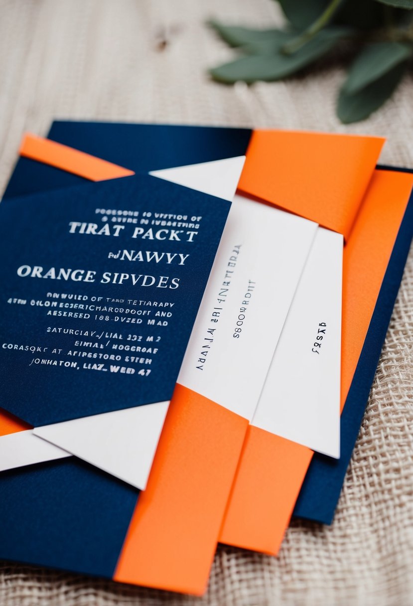 A navy and orange wedding invitation with bold accents