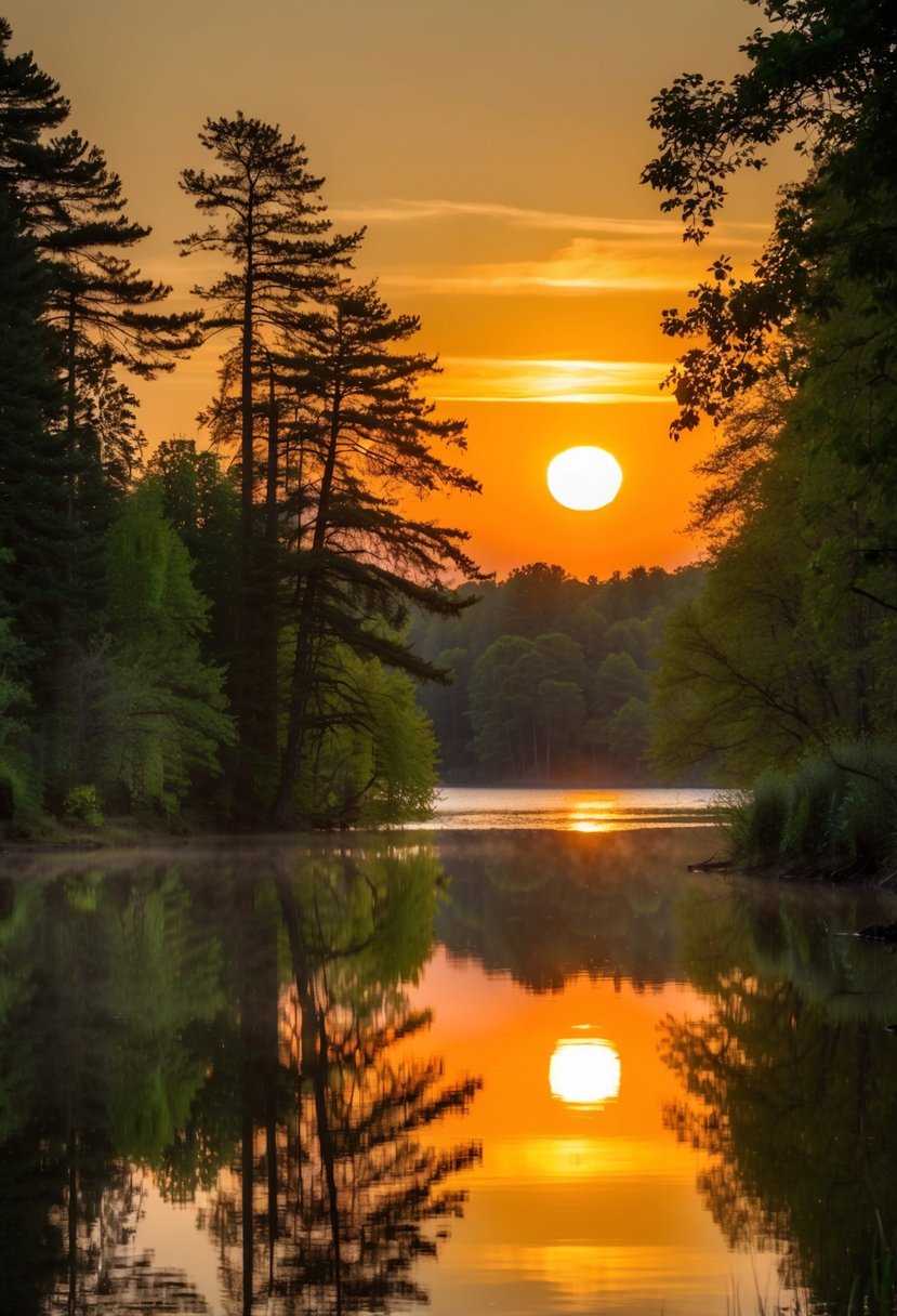 A burnt orange and greenery sunset over a tranquil lake, casting a warm glow on the surrounding trees and reflecting on the water