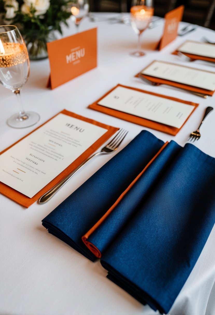 Navy blue napkins folded neatly with burnt orange menu cards on a white tablecloth