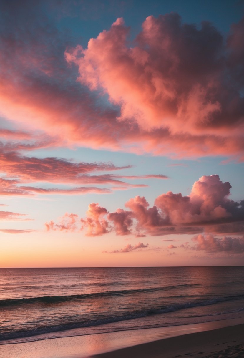 A serene beach at dusk, with coral-colored clouds blending into the sunset over the ocean