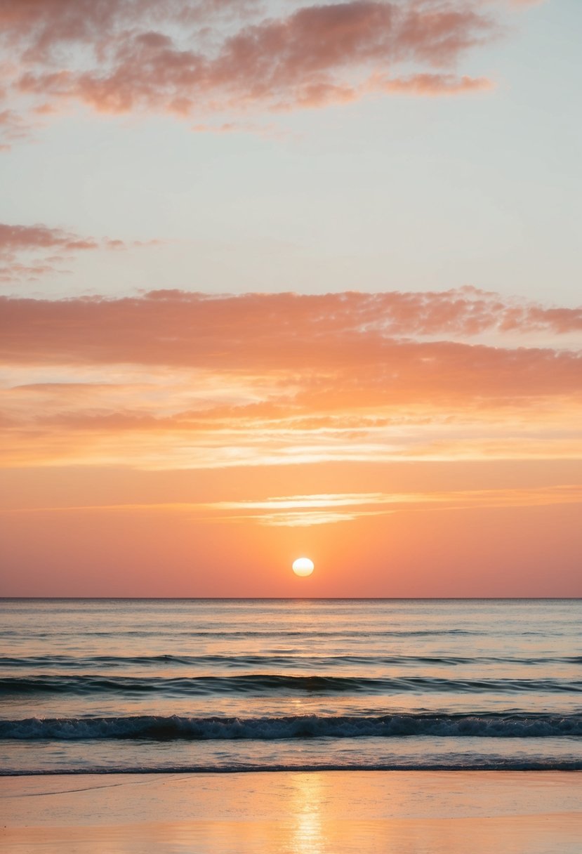 A serene beach at sunset, with the sky painted in golden peach hues and the ocean reflecting the warm orange glow