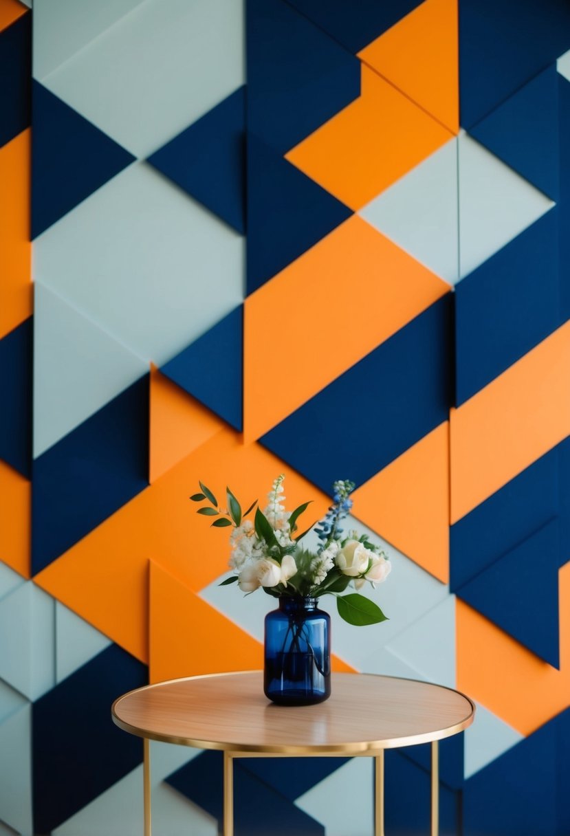 A navy and orange backdrop with overlapping geometric shapes in varying shades, creating a modern and elegant wedding color scheme