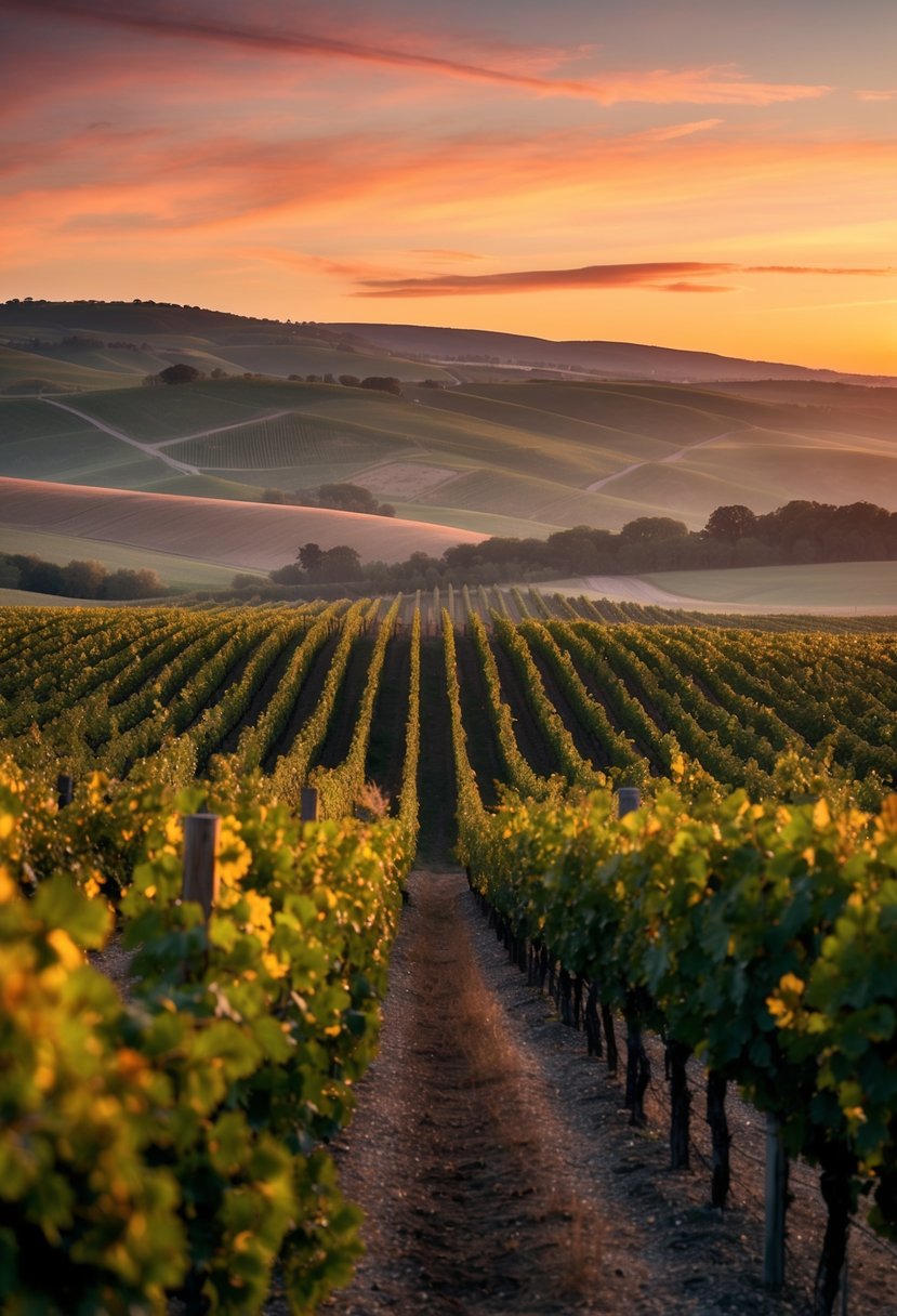 A serene sunset over a vineyard, casting a warm glow on the rolling hills and rows of grapevines, accented with elegant touches of muted wine red and sunset orange