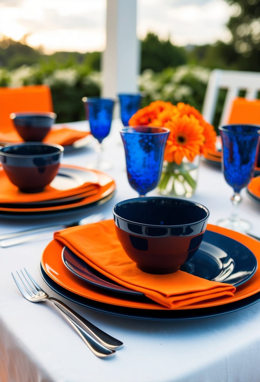 Navy blue tableware set with vibrant orange place settings on a white tablecloth