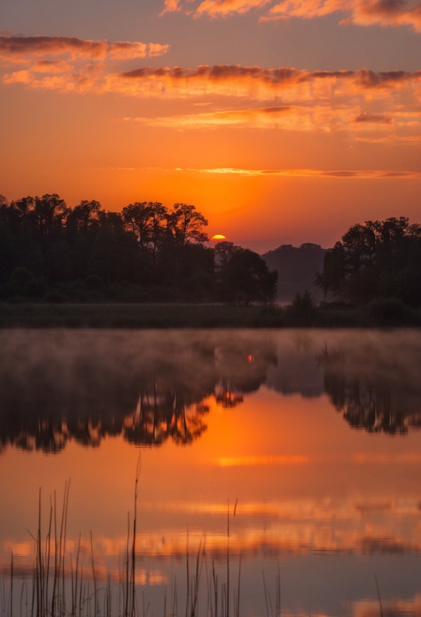 A dusty orange sunset over a tranquil lake, reflecting the warm glow of the sky