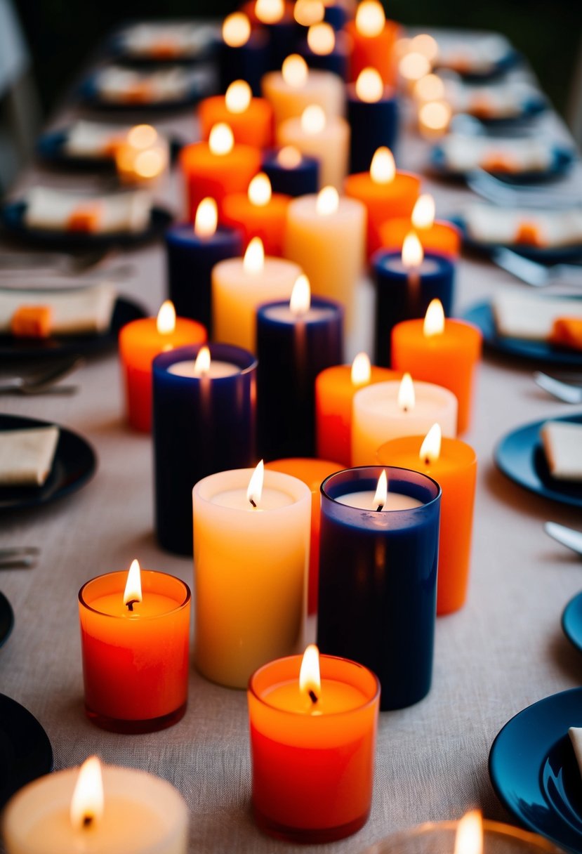 Navy and orange candles scattered for intimate wedding lighting