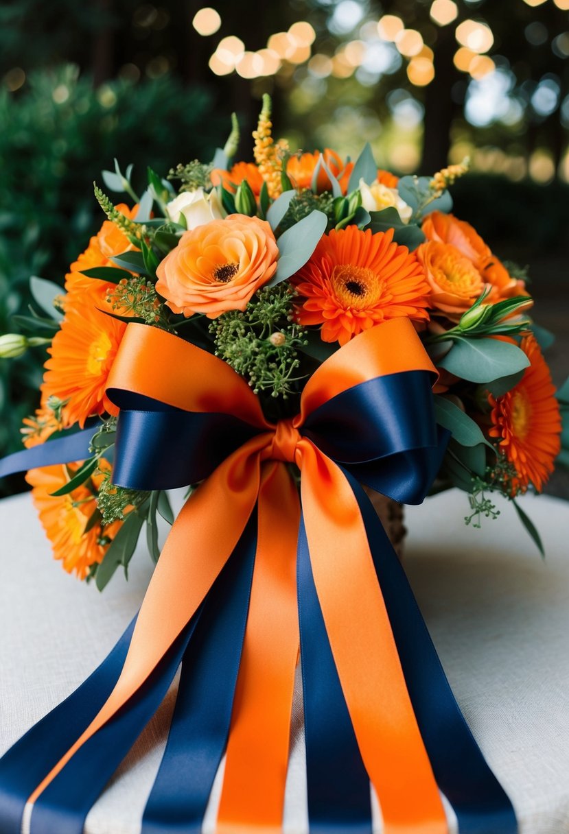 Orange and navy silk ribbons elegantly tied around vibrant bouquets