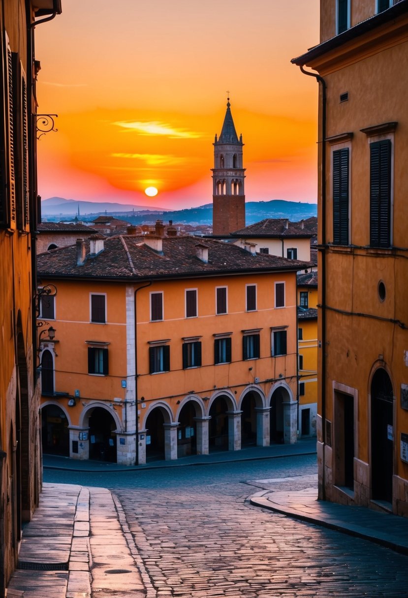 A romantic sunset over Verona, with warm orange hues reflecting off the ancient architecture and cobblestone streets