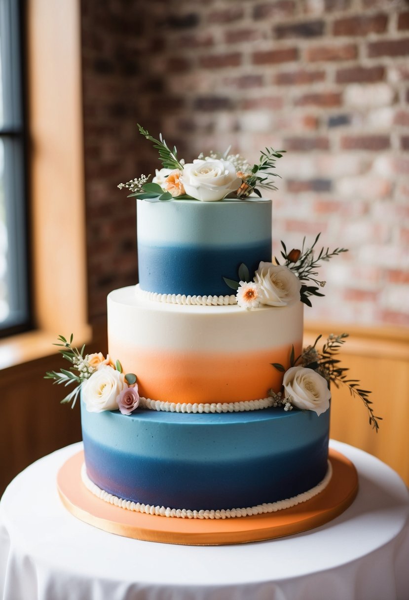 A three-tiered wedding cake with a smooth navy and orange ombre frosting, adorned with delicate floral accents in coordinating colors