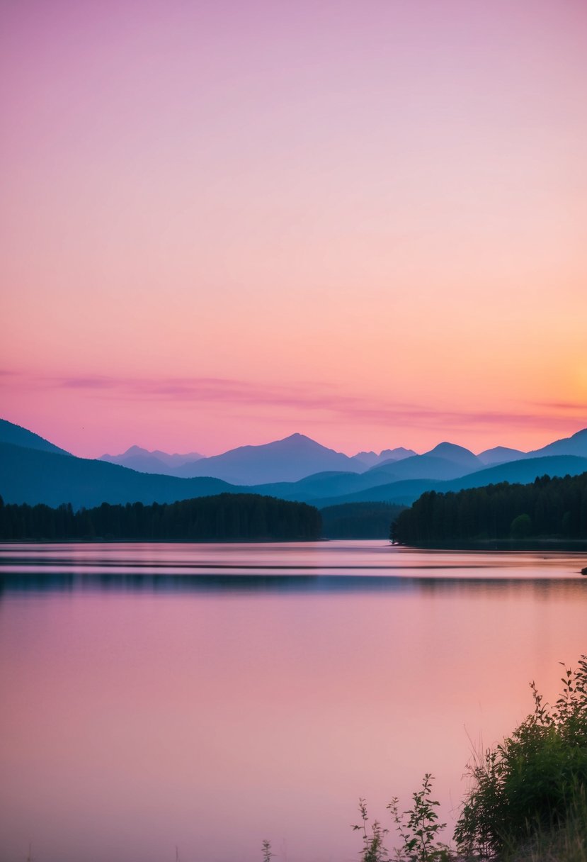 A soft pink and orange sunset over a serene landscape with a tranquil lake and mountains in the distance