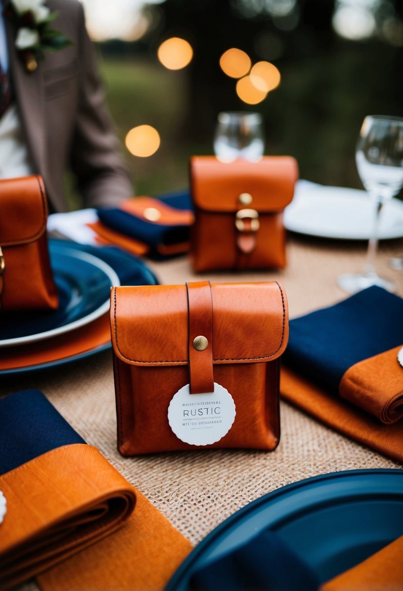 A rustic wedding scene with burnt orange leather goods and accents of navy throughout