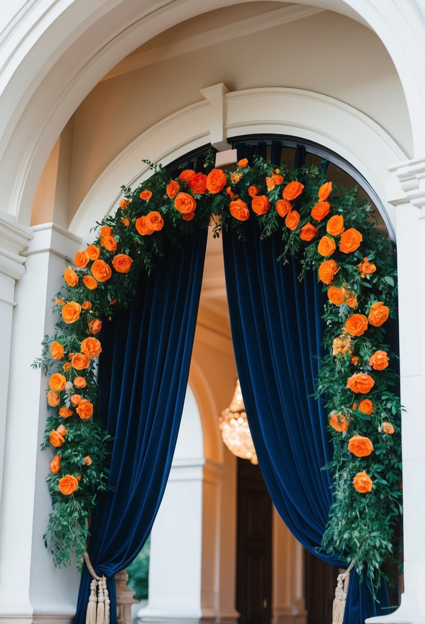 Navy drapery hangs from an archway, adorned with vibrant orange flowers