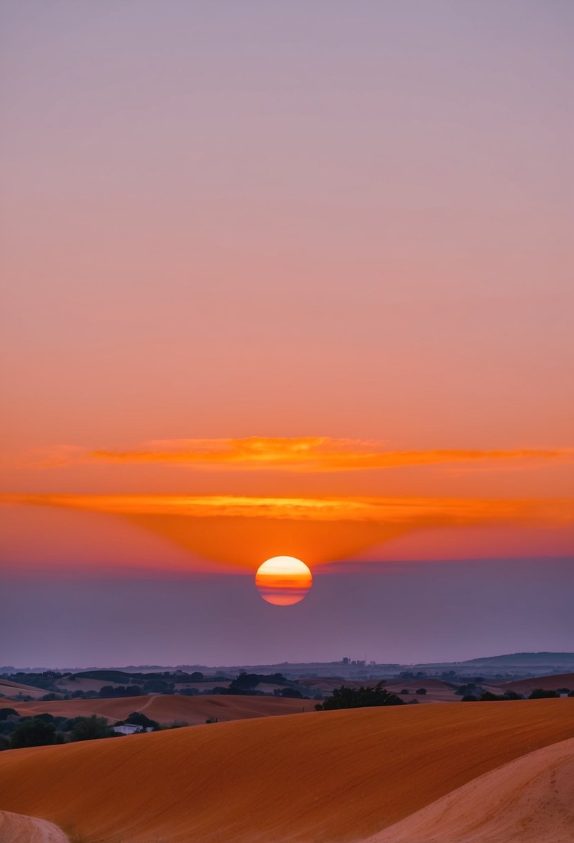 A serene sunset over a peach and terracotta landscape, casting a warm orange glow over the horizon