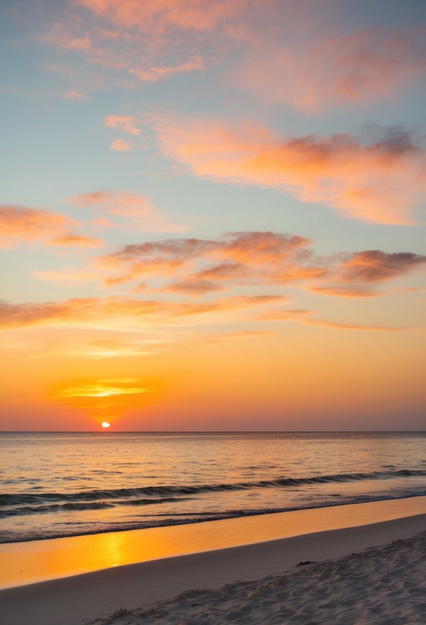 A serene beach at sunset, with ivory sand and tangerine skies reflecting on the calm ocean