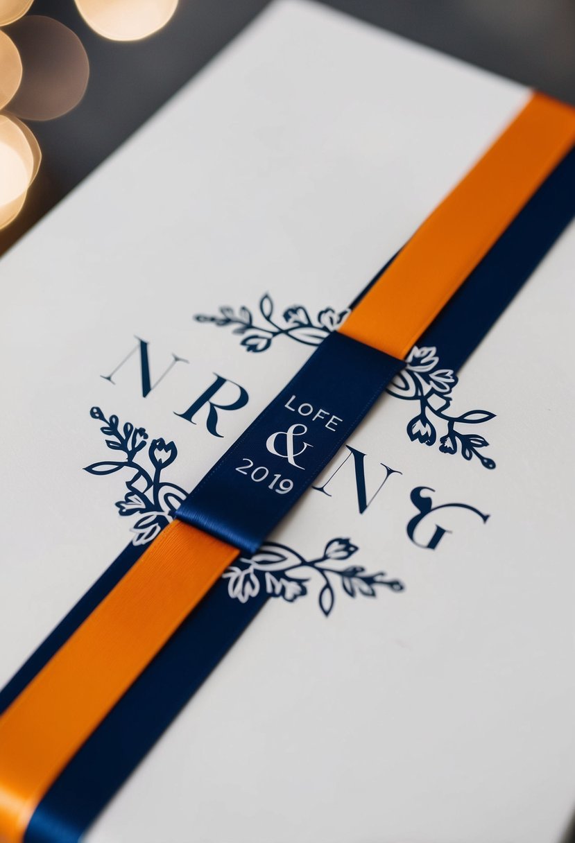 A navy and orange wedding logo featuring intertwining ribbons and floral elements in a modern yet elegant design