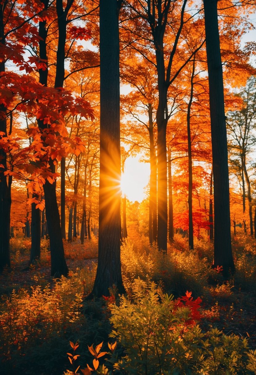 A serene forest scene with vibrant orange and red leaves illuminated by the golden light of a setting sun