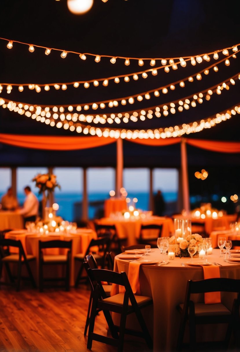 Navy and orange lights create a warm, romantic glow for a wedding reception