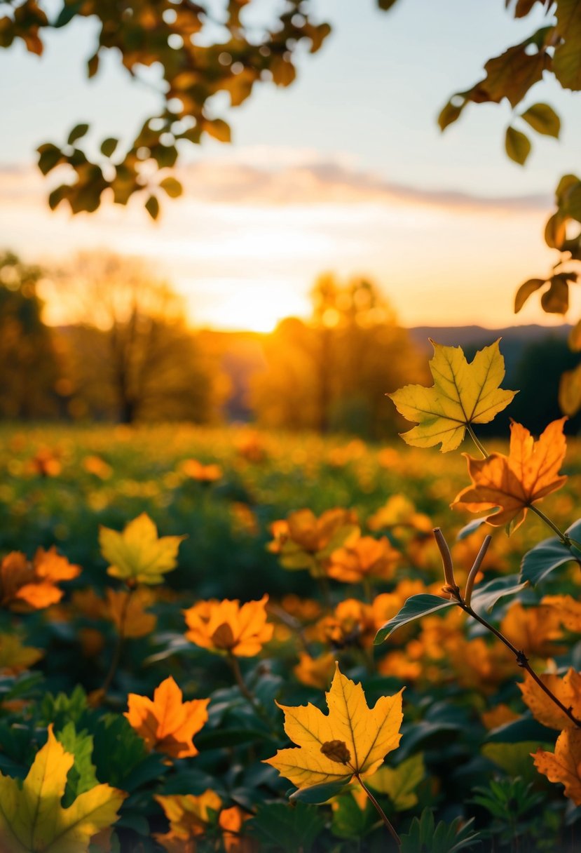 A serene autumn landscape with golden leaves, orange flowers, and a warm sunset casting a glow over the scene