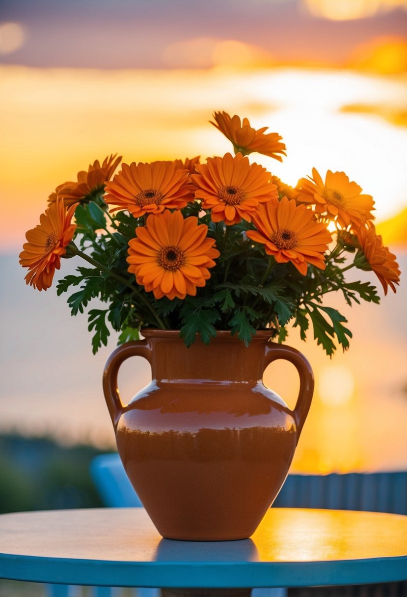 A terracotta vase filled with vibrant orange flowers sits on a sunset-lit table