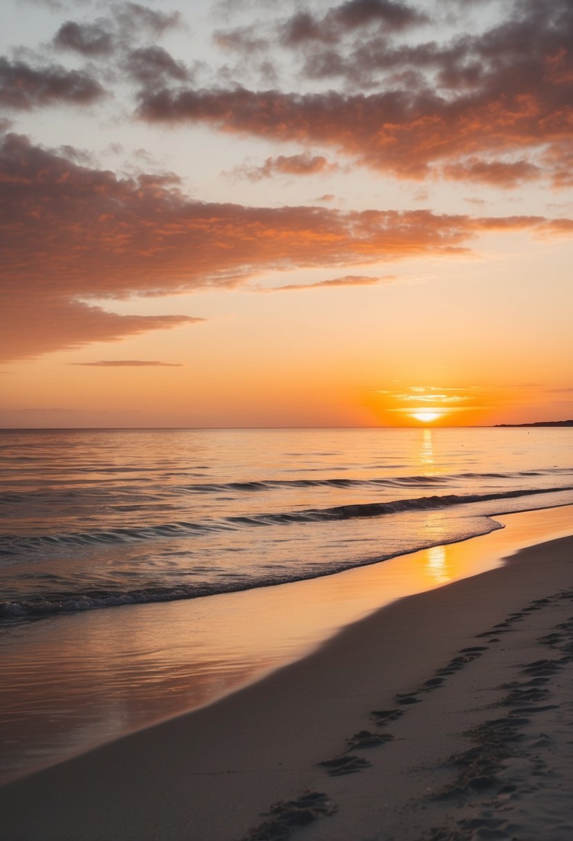 A tranquil beach at sunset, with the sky ablaze in shades of orange, casting a warm glow over the sand and gentle waves