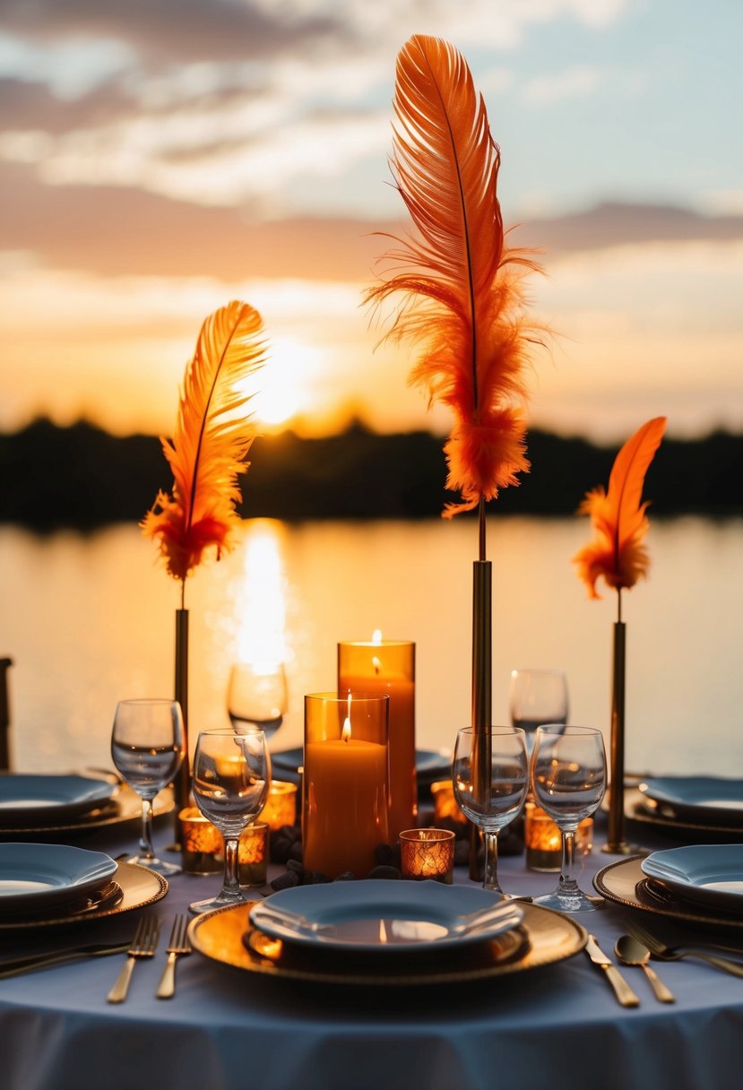 A table adorned with sunset orange feather and candle centerpieces