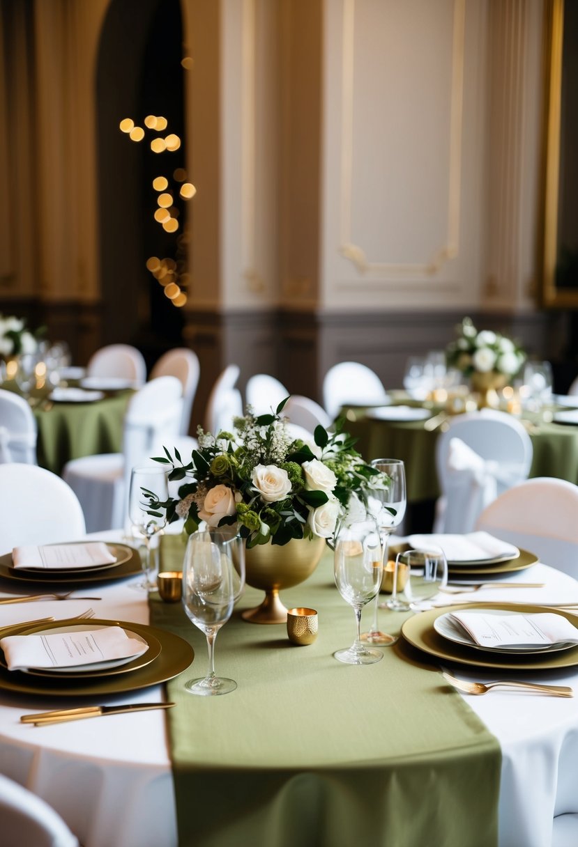 An elegant table set with olive green linens, floral centerpieces, and gold accents