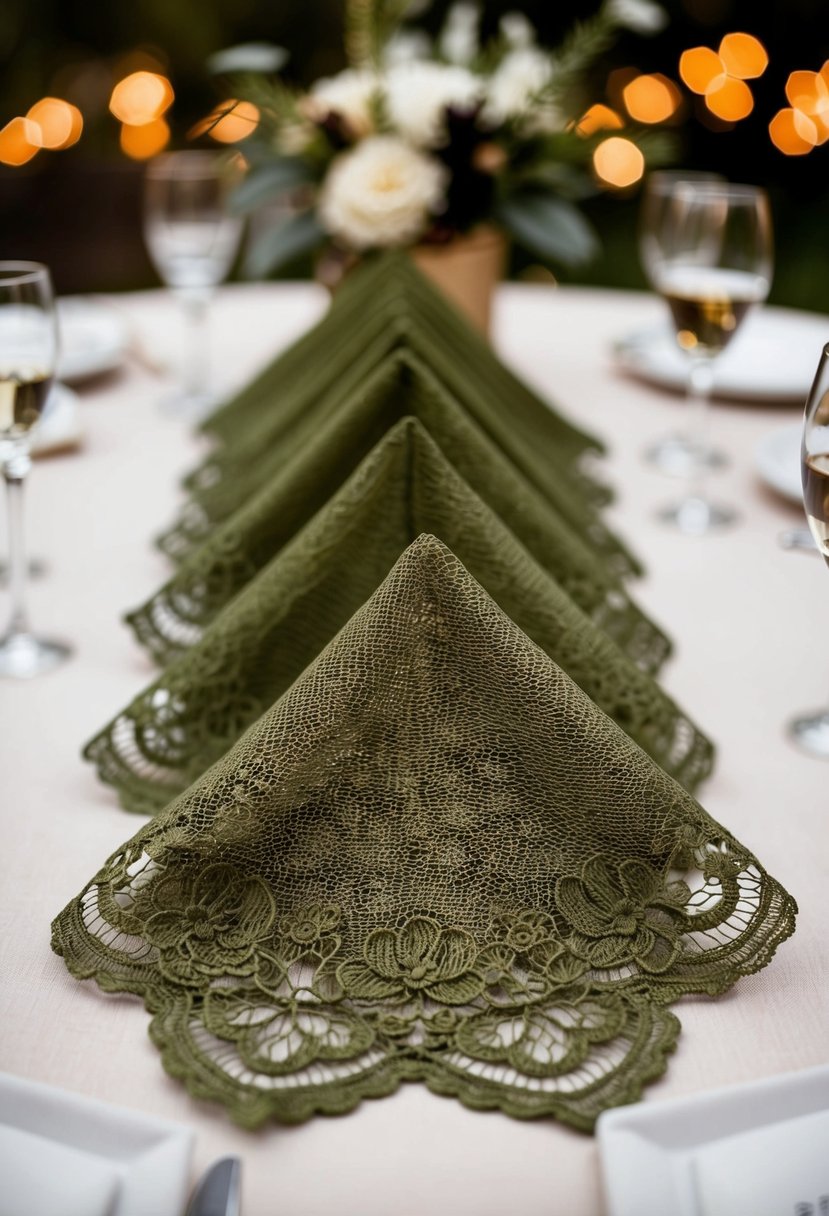 Olive green lace napkins arranged around a rustic centerpiece on a wedding table