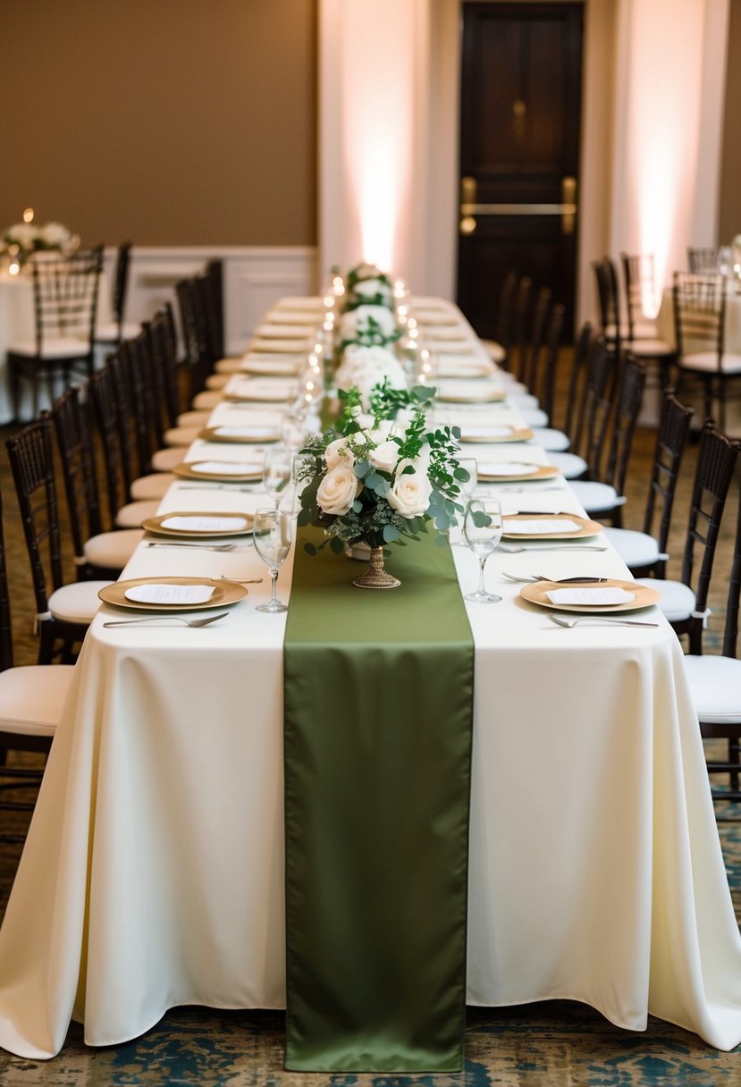 Ivory tablecloths with an olive green runner on a wedding reception table