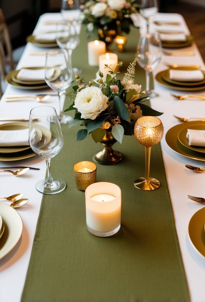 Gold cutlery arranged with olive green table runner, candles, and floral centerpieces